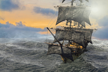 海盗船在海上航行, 3d 渲染照片