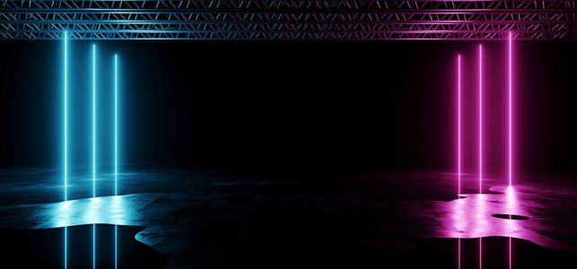 科幻未来现代暗舞台结构在混凝土湿地板上紫色和蓝色发光霓虹灯管灯空空间壁纸后台3d 渲染插图