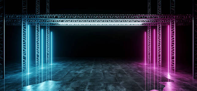 科幻未来现代暗舞台结构在混凝土湿地板上紫色和蓝色发光霓虹灯管灯空空间壁纸后台3d 渲染插图
