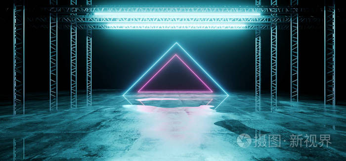 科幻未来现代暗舞台结构在混凝土湿地板上紫色和蓝色发光霓虹管灯与发光的霓虹灯三角形形状空的空间壁纸背景3d 渲染插图照片 正版商用图片0srdng 摄图新视界