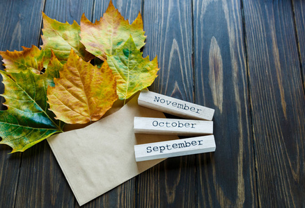 打开纸信封在老木背景与黄色叶子和酒吧以月的名字 9月, 10月, 11月。金黄秋天, 季节变动概念。平躺, copyspace