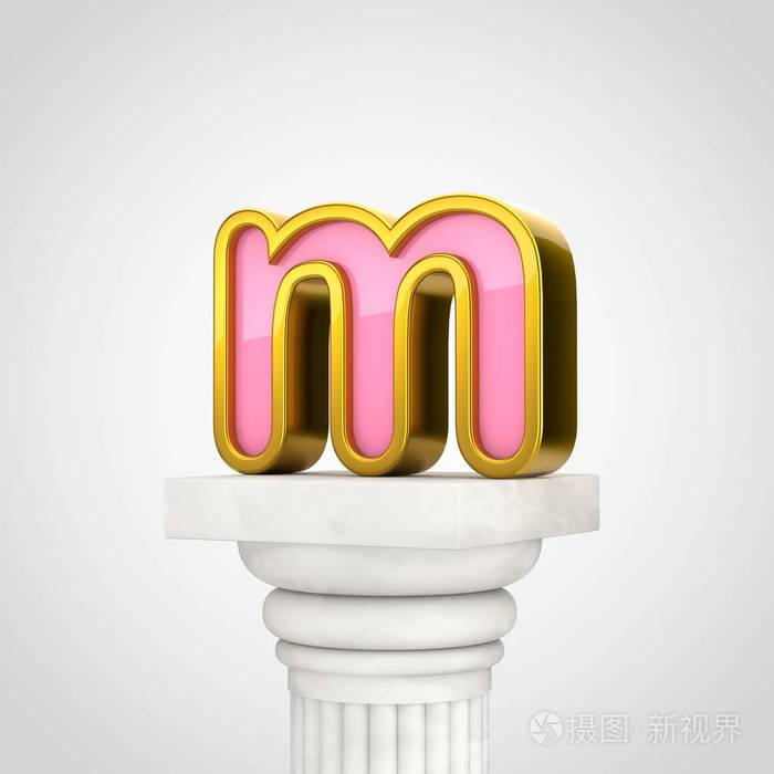 金色字母 m 小写, 3d 渲染粉红色字体与金色轮廓在白色的背景上隔离的