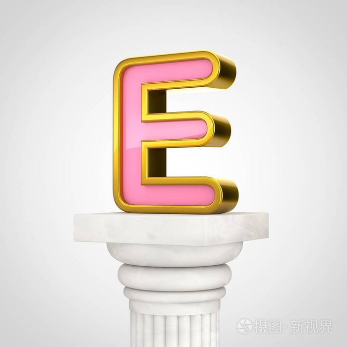 金色字母 e 大写, 3d 渲染粉红色字体与金色轮廓在白色的背景上隔离的