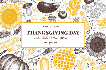 感恩节快乐设计模板。矢量手绘插图。用复古风格问候感恩节贺卡。与收获, 蔬菜, 糕点, 面包房相框。秋季背景