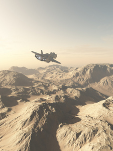 在一个沙漠星球上飞船飞行以上山