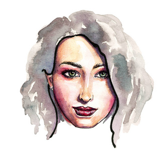 女人脸上化妆和紫灰色的头发。手绘 waterolor 插图