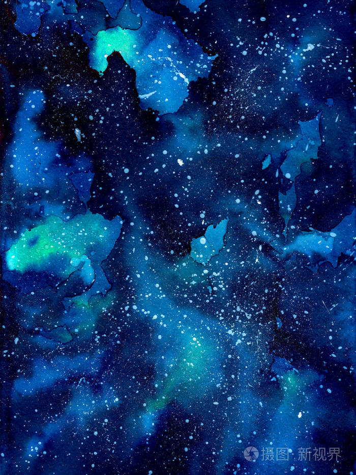 水彩绘空间宇宙银河与星飞溅纹理晚上艺术品背景