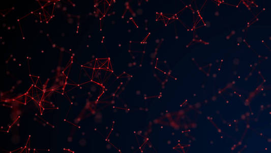 抽象数字背景与控制论微粒。几何背景与三角形细胞。明亮的红色数字插图与多边形在黑暗背景。神经丛连接线运动
