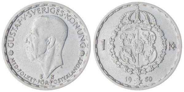 1 克朗 1950 硬币上白色背景，瑞典孤立