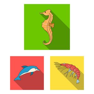 各种海洋动物的平面图标集为设计收藏。鱼和贝类矢量符号股票网页插图