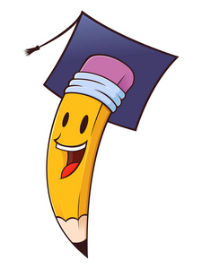 一个快乐开朗的铅笔字符的矢量插图穿着毕业帽