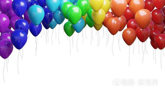 许多飞行五颜六色的气球被隔绝在白色背景。3d 渲染插图