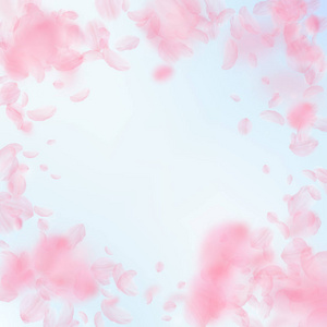 樱花花瓣落下。浪漫的粉红色花朵的插图。蓝天上的 backgro 广场上的飞翔花瓣