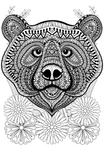 花上的Zentangle风格化的熊脸。 手工绘制的民族动物