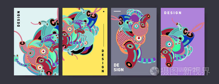 抽象彩色拼贴画海报设计模板。涂鸦插图和流体覆盖设计。蓝色, 黄色, 红色, 橙色, 粉红色和绿色。矢量横幅海报模板