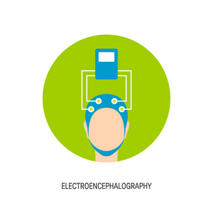 脑电图矢量图标。脑电波测量。人脑脑电帽中的人头