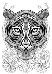 花上的Zentangle风格化的老虎脸。 手绘民族画