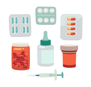 医疗药片和瓶子被隔离在白色的背景。在平面卡通风格的孤立对象。矢量插图