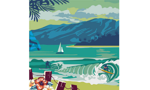 冲浪人在海滩棕榈沙滩上背景横幅网站邮政, 手绘矢量抽象卡通夏季时间图形插图艺术模板背景机智