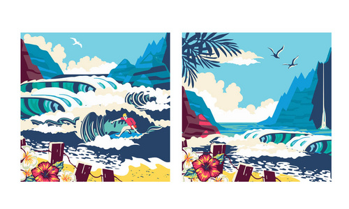 冲浪人在海滩棕榈沙滩上背景横幅网站邮政, 手绘矢量抽象卡通夏季时间图形插图艺术模板背景机智