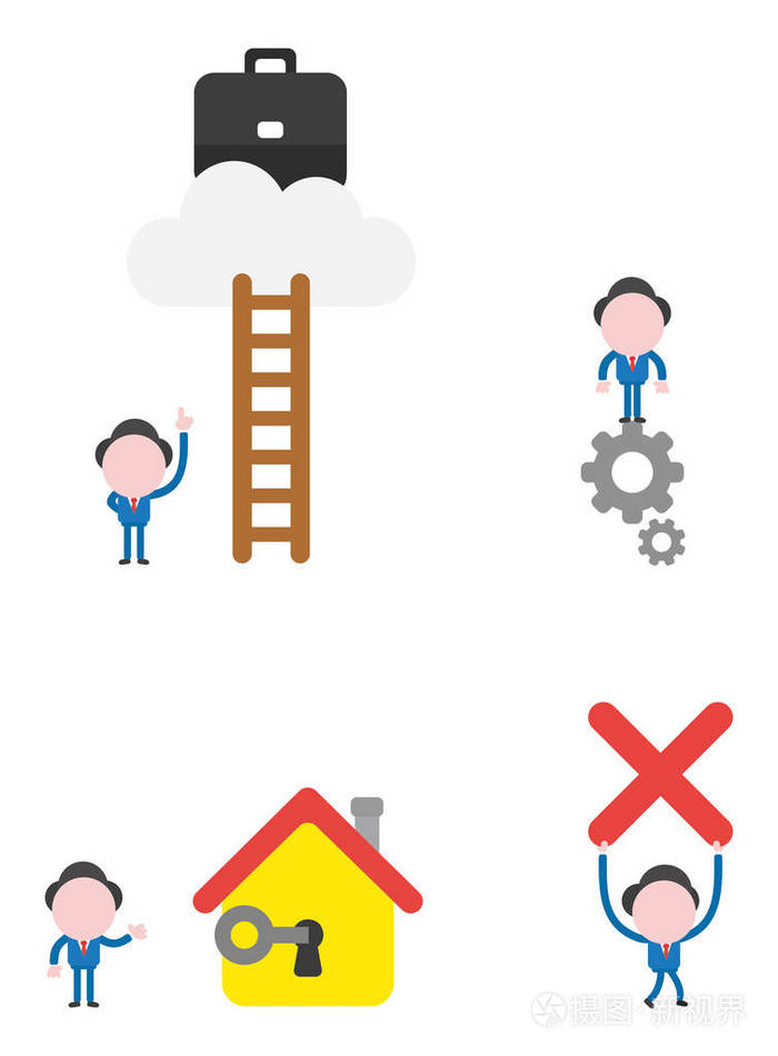 矢量插图集商人吉祥物字符到达公文包与梯子在云彩, 在齿轮, 解开房子