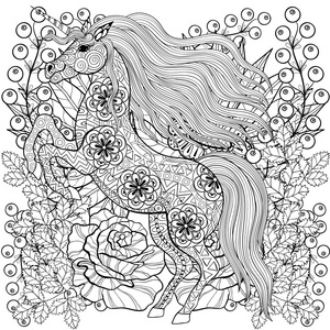 Zentangle 风格的独角兽上玫瑰，向日葵。手绘草图