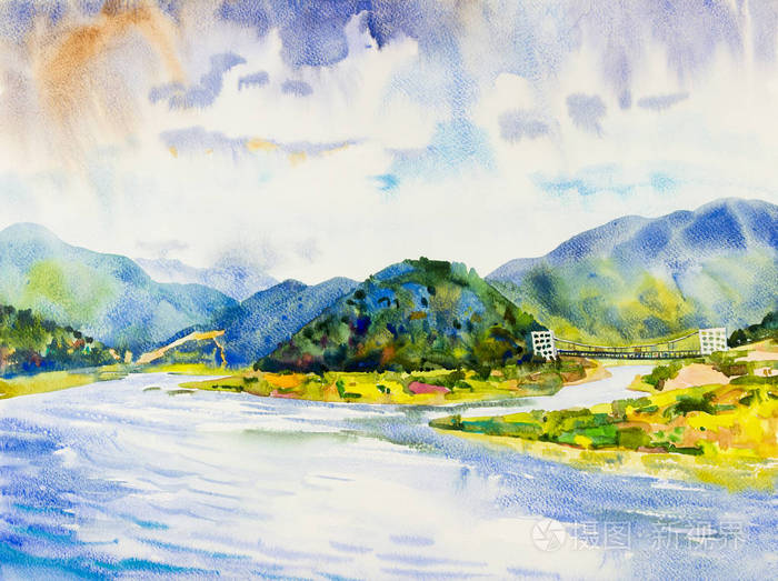 水彩山水原画五彩的吊桥和河 水库在山上 清晨 与天空 云观背景 手绘 美丽的自然夏天在泰国的季节照片 正版商用图片0ssivz 摄图新视界