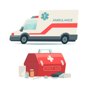 急救车和急救箱图标。在平面卡通风格的白色背景上的孤立对象。矢量插图