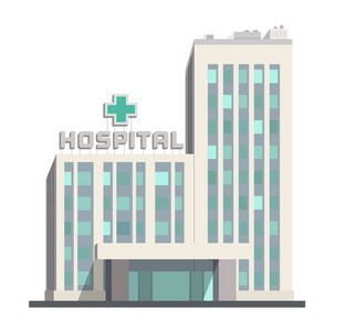 城市医院大厦图标在白色背景。平面卡通风格的孤立对象。矢量插图