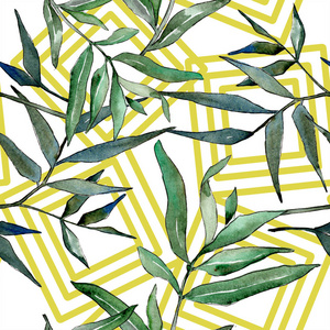 水彩绿柳枝。叶植物植物园花叶。无缝的背景图案。织物墙纸打印纹理。背景纹理包装图案的水彩画叶