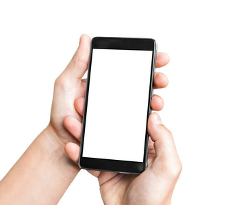 手持移动智能手机与空白屏幕, 在白色背景下隔离的人的手