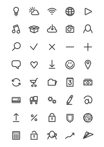 为网站或智能手机设置黑白线条艺术图标的轮廓集