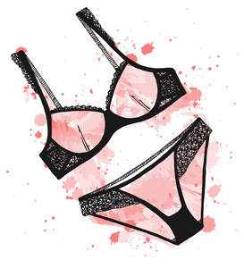 内衣素描.胸罩和内裤矢量插图.风格水彩手绘舒适的时尚插画.