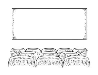 电影院屏幕和排座位。矢量雕刻复古黑色插图。在白色背景下被隔离。海报手工绘制设计元素