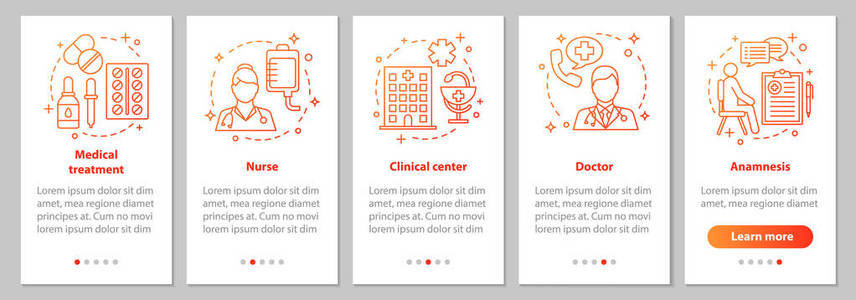 医学和医疗保健入职移动应用程序页面屏幕的线性概念