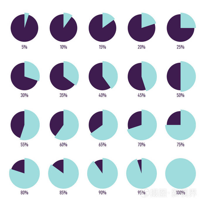 一组现代百分比饼图, 数字在白色背景上被隔离.