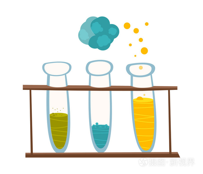 化学仪器和设备.烧杯实验中的卡通风格的用试剂.矢量