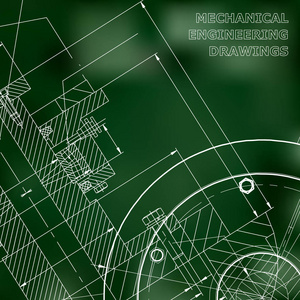 绿色背景。工程学科背景。技术插图。机械工程。技术设计。仪器制作。封面, 横幅, 传单