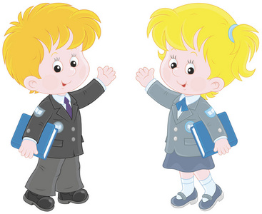 小学英语课本学生和小学生拿着课本, 挥手致意, 卡通风格的矢量插画