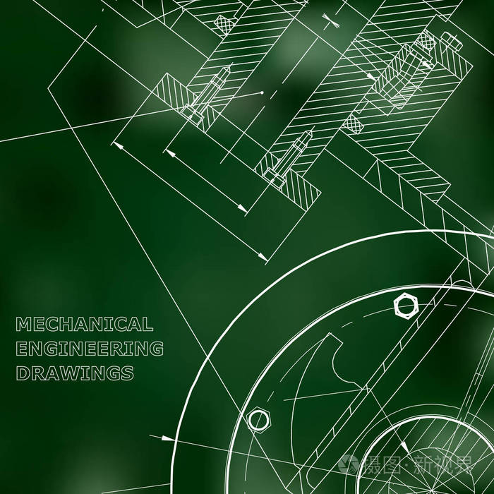 绿色背景。工程学科背景。技术插图。机械工程。技术设计。仪器制造