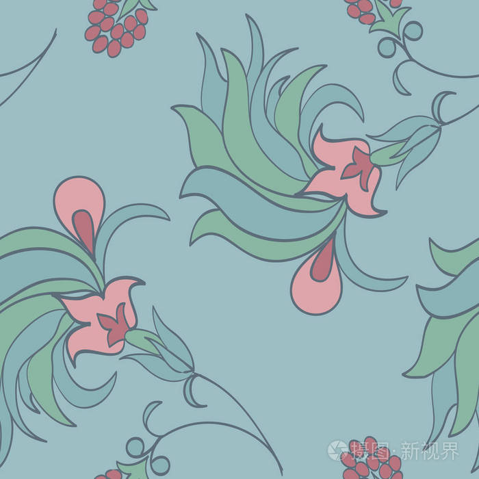 时尚的热带背景与异国情调的花朵手绘风格柔和的颜色 植物图案散布随机 时尚版画的矢量无缝图案插画 正版商用图片0stdds 摄图新视界