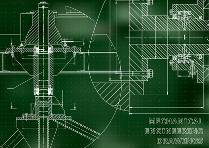 机械工程。技术插图。工程学科背景。技术设计。仪器制作。掩护, 横幅, 传单绿色背景。点