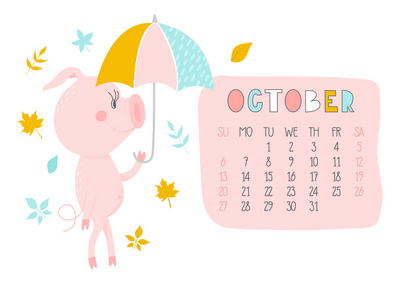 october2019 的创意日历与可爱的猪.概念, 矢量垂直可编辑模板.