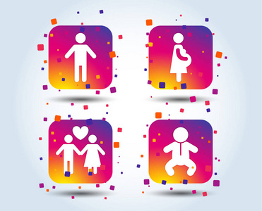 家庭生存期图标。夫妇爱, 怀孕和出生的儿童符号。人的男性标志。彩色渐变方形系列按钮。平面设计理念。向量