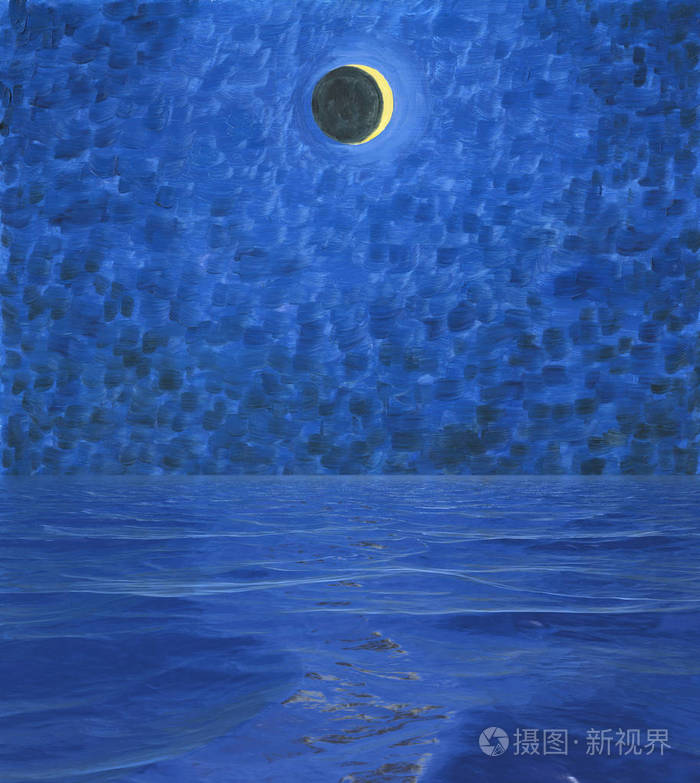 艺术背景.夜空中一颗年轻的月亮在平静的海面上.油画与数字技术