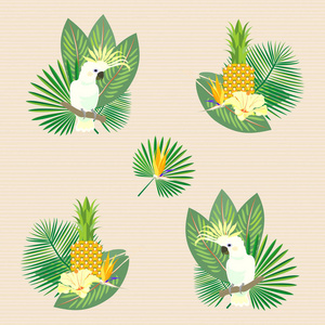 热带无缝图案与鹦鹉, 叶子, 花和菠萝
