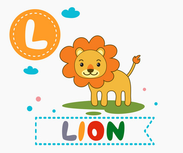 狮子和学校手绘字母 l 和滑稽可爱的狮子照片