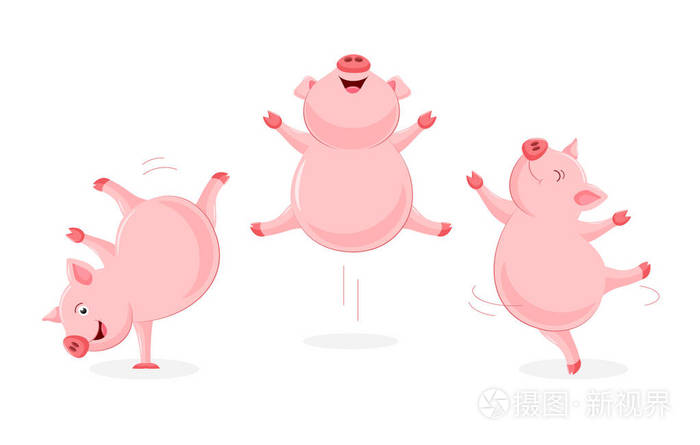 一套滑稽可爱的卡通猪跳舞.字符设计.在白色背景上隔离的矢量插图