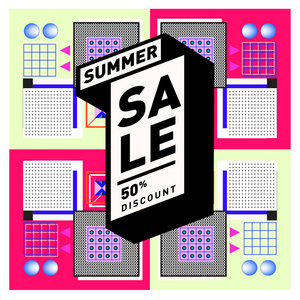 夏季销售孟菲斯风格网页横幅。时尚和旅游折扣海报。矢量假日抽象彩色插画特别优惠和促销