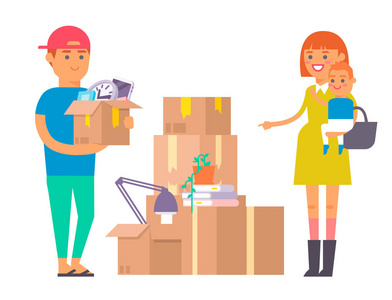 快乐的年轻夫妇搬家服务.妇女随身携带箱子与家庭人拆箱字符集照片